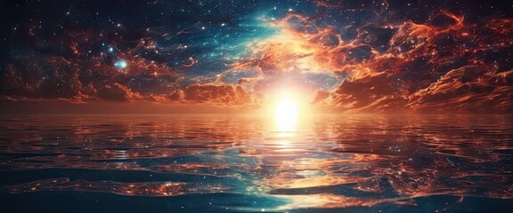Beautiful sky appears between the sunset and the cosmic universe. Sea reflection. Desktop Wallpaper
