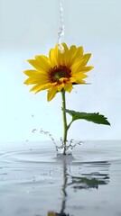 A delicate sunflower being drenched in water, creating an aesthetic contrast between the softness of the flower and the dynamic splashes of water.