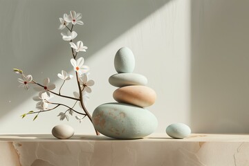 stacked flying geometric shapes, easter eggs and spring flowers, modern balancing, neutral colors...