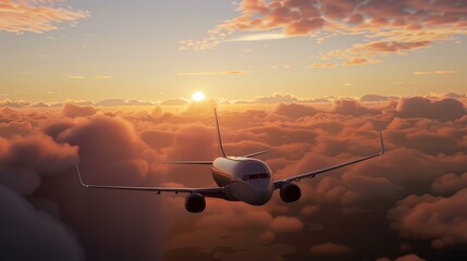 A jetliner flies high above the clouds at sunset. The sun is setting behind the plane, casting a...