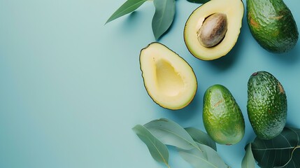 Fresh green avocado halves with leaves on blue background. Healthy food concept. - obrazy, fototapety, plakaty