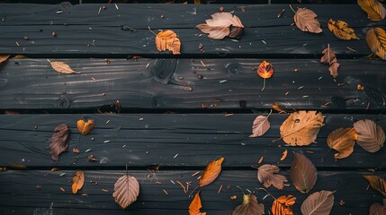 Rustic wooden background with autumn leaves. The dark wood grain is contrasted by the bright colors of the leaves, creating a warm and inviting scene.