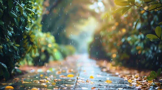 The image is a beautiful nature scene. The rain is falling gently on the leaves of the trees, and the sun is shining brightly, creating a rainbow.