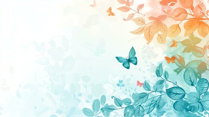 Fototapeta na wymiar Delicate watercolor background with butterflies and leaves in pastel colors. Perfect for a spring or summer themed design.