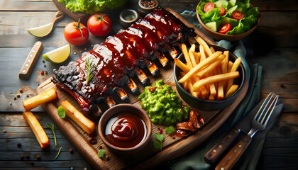 a mouth-watering slab of barbecued ribs on a wooden serving board. The ribs are glazed with a rich, glossy barbecue sauce, showing grill marks