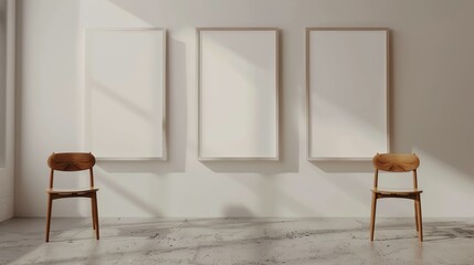 Three wooden chairs sit in front of a white wall with three empty frames. The chairs are evenly spaced and the frames are aligned with the chairs.