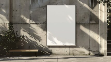 The image is a 3D rendering of a blank advertising billboard on a stone wall. There is a plant and a bench in front of it.