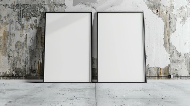Two blank picture frames stand on a grunge textured background. The frames are made of black wood and have a modern, minimalist design.
