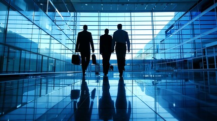 Three business people walking in a modern airport terminal. They are all wearing suits and carrying briefcases. - obrazy, fototapety, plakaty