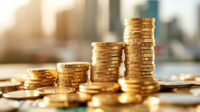 Stacks of gold coins of different heights on a blurred background. The concept of accumulation of money, wealth and financial growth.