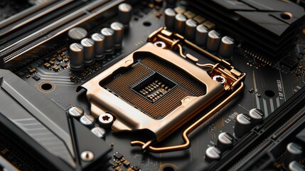 A close-up image of a computer motherboard. The image is dark and moody, with the only light coming from the gold-plated CPU socket. - obrazy, fototapety, plakaty