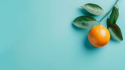 A fresh, juicy orange hangs from a branch with green leaves on a blue background. The orange is ripe and ready to be eaten.