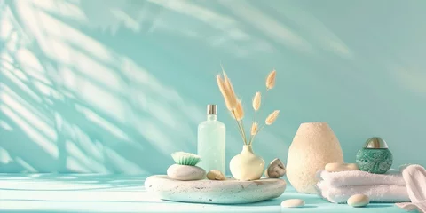 Foto op Plexiglas Close up view of spa theme objects on pastel color background, staged photo with copyspace, professional shoot © shooreeq