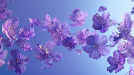 3D rendering of delicate purple cherry blossoms floating in the air against a pale blue background.