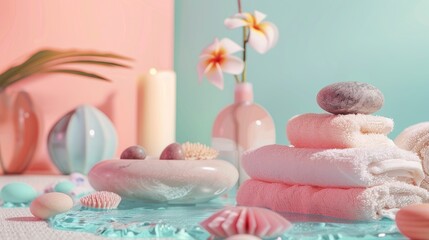Obraz na płótnie Canvas Close up view of spa theme objects on pastel color background, staged photo with copyspace, professional shoot