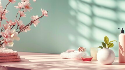 Close up view of spa theme objects on pastel color background, staged photo with copyspace, professional shoot