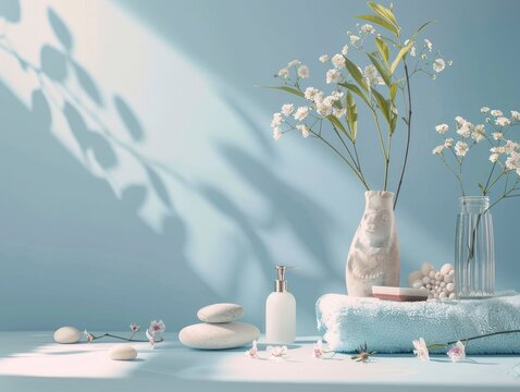 Close up view of spa theme objects on pastel color background, staged photo with copyspace, professional shoot