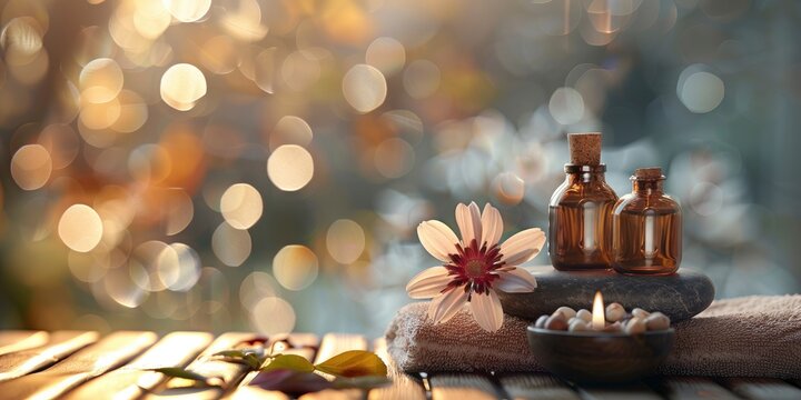Close up view of spa theme objects on themed blurred background, staged photo with copyspace, professional shoot