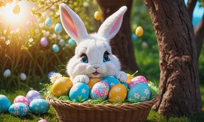 Fototapeta na wymiar Easter Bunny with Colorful Eggs in Blossoming Garden