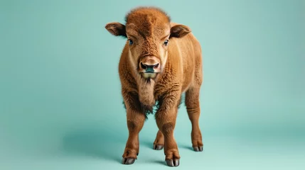 Poster Cute baby bison standing on blue background. © Nijat