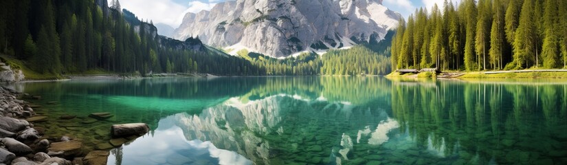 Lush Tranquility: Lake Braies Serenity, Captured with Canon RF 50mm f/1.2L USM - obrazy, fototapety, plakaty