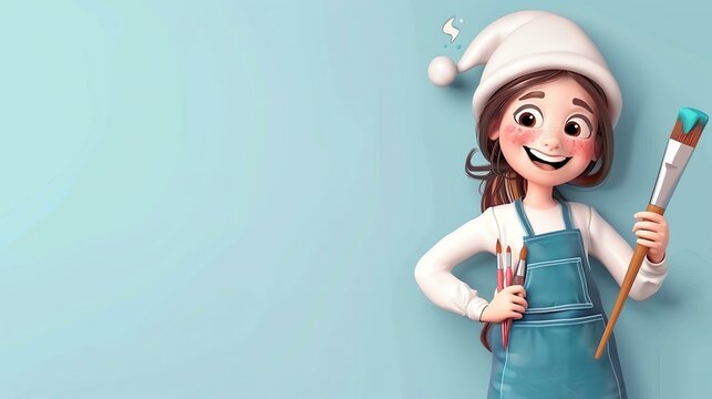 Little girl painter holding a paintbrush and wearing a Santa hat. She is wearing a blue pinafore and has brown hair.