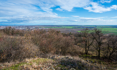 Beautiful view from the hill to the plain with green fields, meadows, villages and forests. There are vineyards on the hillside. Blue sky with white clouds.