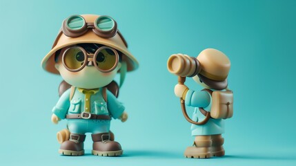 Little explorer figurine with a backpack and a hat with goggles, holding a spyglass, on a blue background.