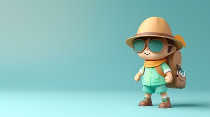 Little explorer. Cute cartoon character in safari outfit with backpack and sunglasses. 3D rendering.