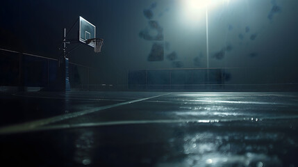 Basketball on a wet outdoor court reflecting the warm glow of streetlights at dusk