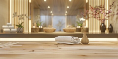 Empty top table with blurred luxury spa interior background for product display, professional studio photo 