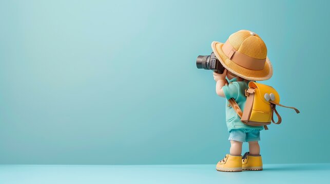 Little boy in a safari hat and backpack is taking pictures with a camera. Isolated on blue background. 3D rendering.