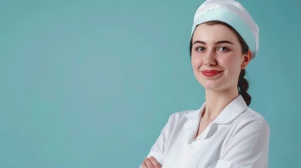 Confident female doctor in white coat and cap smiling at the camera with arms crossed.