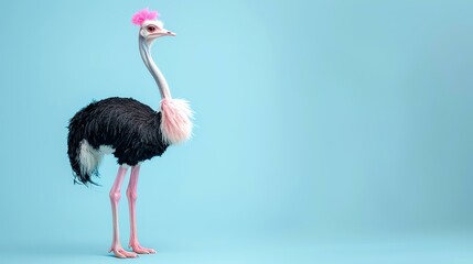 A studio shot of an ostrich with pink feathers on its head and neck.