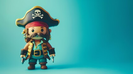 Adorable 3D illustration of a cartoon pirate. The pirate is wearing a black hat with a skull and...