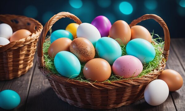 Colorful Easter Eggs in Woven Basket