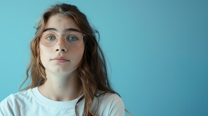 Thoughtful young girl wearing glasses looking at the camera with a serious expression on her face. - obrazy, fototapety, plakaty