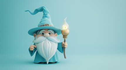 A cute 3D rendering of a wizard holding a staff with a glowing orb on top. The wizard is wearing a blue robe and has a long white beard.
