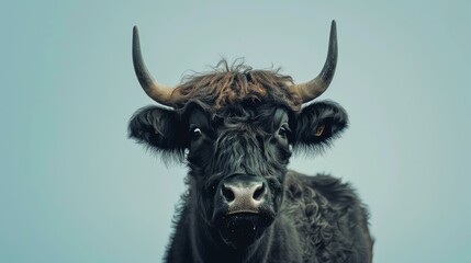 Close-up of a black bull with long horns looking at the camera with a serious expression on its...