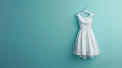 Simple and elegant white dress hanging on a hanger against a blue background. Perfect for a wedding, prom, or any special occasion.