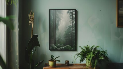 Forest painting art in dark green home interior with table, and branch in vase, 3d render