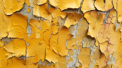 Yellow cracked paint texture. Weathered wall with peeling paint. Old grunge background.