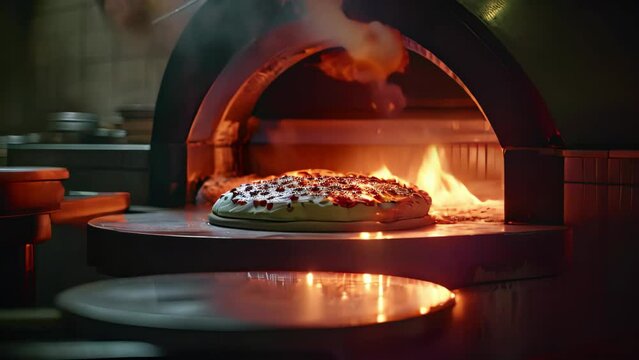 Pizza in oven at restaurant kitchen. Bakery and food concept, chefs making a pizza close up in a pizza oven with fire, AI Generated