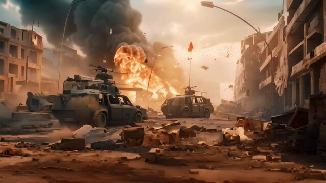 War Concept. Military silhouettes fighting scene on war fog sky background, World War Soldiers Silhouettes Below Cloudy Skyline At night. City destruction in warfare combat area, AI Generated