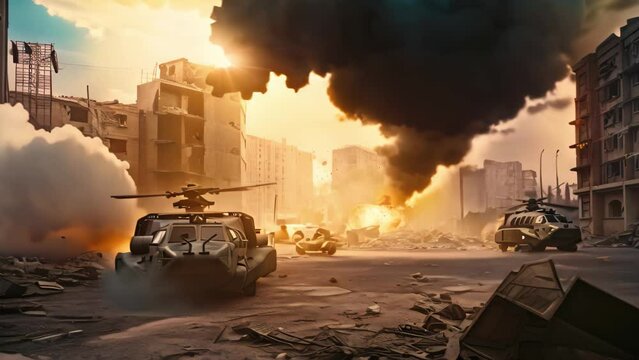 War Concept. Military silhouettes fighting scene on war fog sky background, World War Soldiers Silhouettes Below Cloudy Skyline at sunset. City destruction in warfare situations, AI Generated