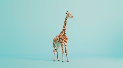 A tall giraffe stands on a blue background. The giraffe is looking to the right of the frame. It has a long neck and a spotted coat.