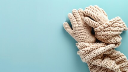 A pair of beige knitted gloves on a blue background. The gloves are folded with the fingers...