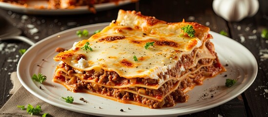 A white plate holds a generous portion of Italian beef lasagna, layered with ground beef, marinara sauce, pasta noodles, and ricotta cheese, all topped with a golden layer of melted cheese.