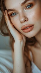 Fototapeta premium Portrait of charming sensitive woman in luxury spa touching her face, perfect skin, big eyes, puffed lips, staged photo with copyspace, professional shoot