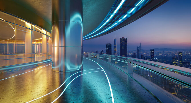 3D futuristic curved shapes design metal facade office exterior with city skyline